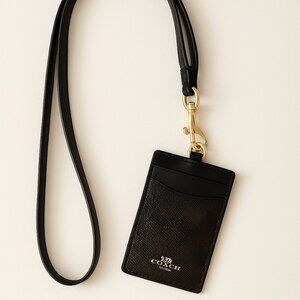 NWOT - Coach Black Leather Lanyard ID Holder with Gold Hardware